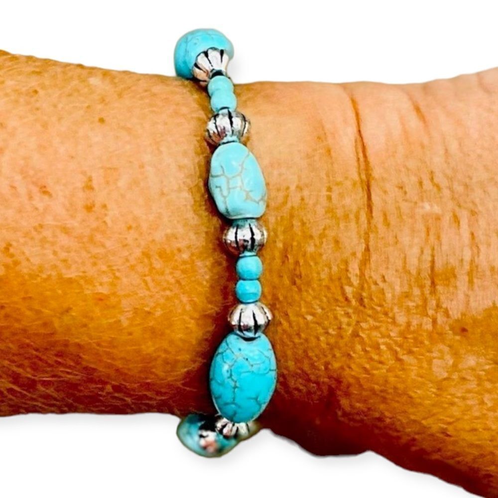 Turquoise & Silver Nugget Elastic Stackable Bracelet Boho Southwestern NWT